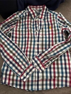 U.S. Polo Assn. Red Blue Gray White Plaid Button-Down Shirt with Yellow Logo